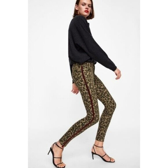 🌞ZARA Woman Leopard Premium Jeans Animal Print Skinny Red Velvet Stripe - Picture 4 of 12